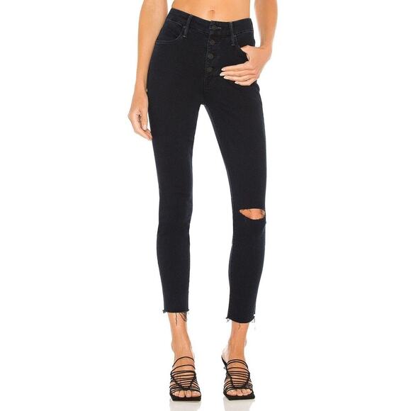 Mother Pixie Ankle Fray Holding Hands Tightly Mid-Rise Skinny Jeans Dark Blue 24 - Picture 9 of 14